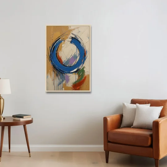 Original Abstract Painting Cobalt Open Ring - Oak Framed Canvas Wall Art - Sofa - 24x36