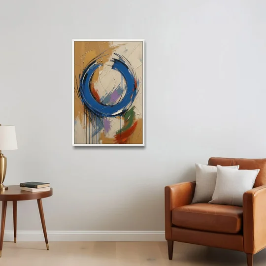 Original Abstract Painting Cobalt Open Ring - White Framed Canvas Wall Art - Sofa - 24x36