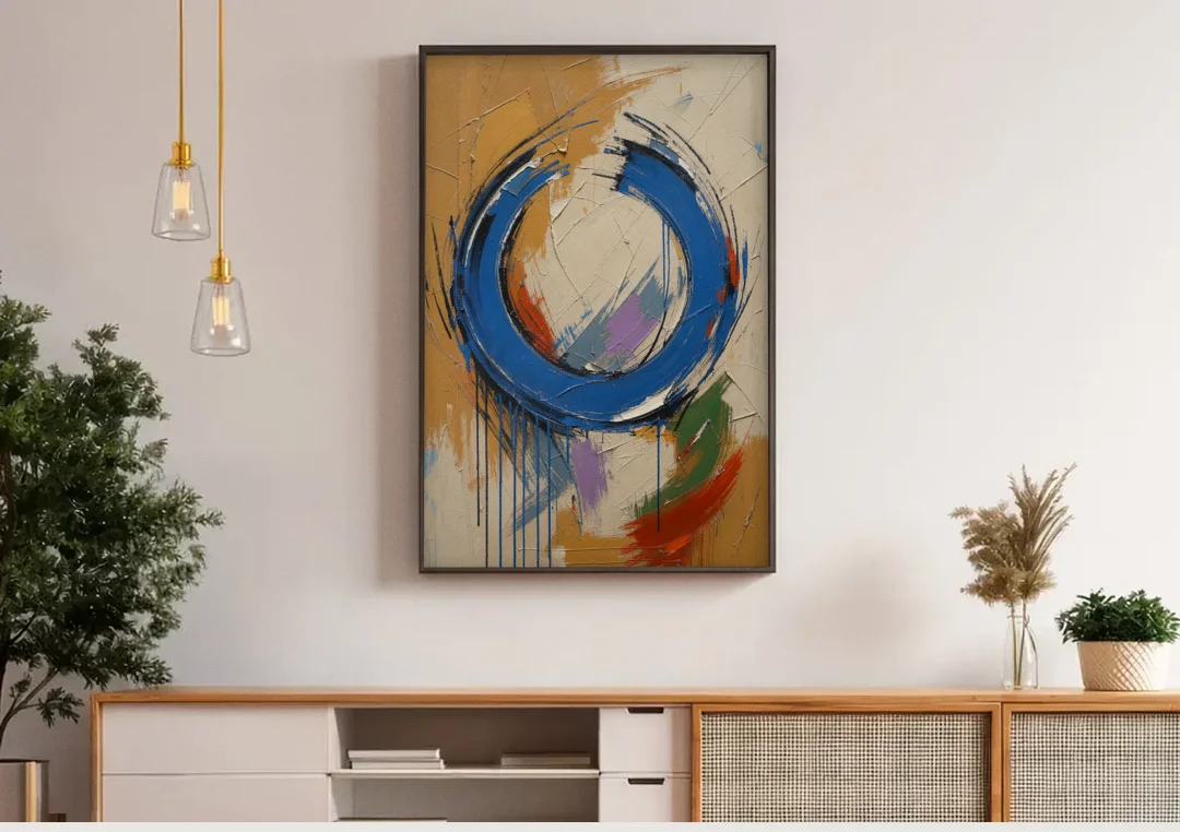 Original Abstract Painting Cobalt Open Ring canvas wall art above a wooden sideboard under pendant lights