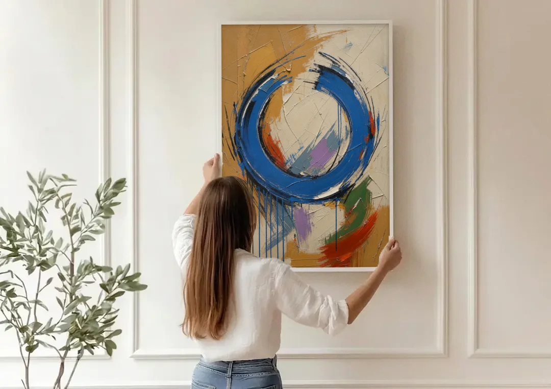 Original Abstract Painting Cobalt Open Ring canvas wall art being hung on a paneled wall