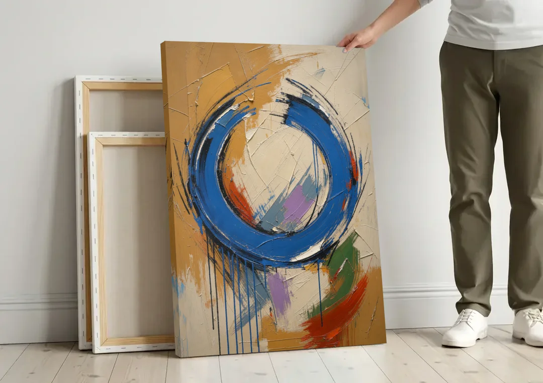 Original Abstract Painting Cobalt Open Ring canvas wall art leaning against a wall next to blank canvases