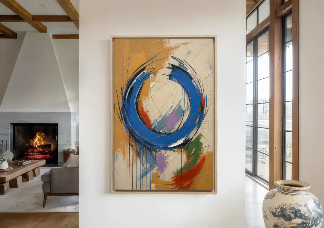 Original Abstract Painting Cobalt Open Ring canvas wall art in a living room with a fireplace
