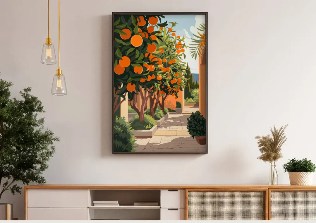 Orlando Citrus Grove Design canvas wall art above a wooden sideboard under pendant lights