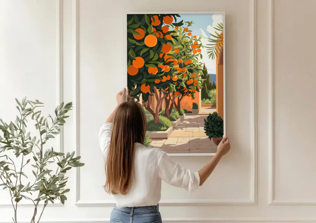 Orlando Citrus Grove Design canvas wall art being hung on a paneled wall
