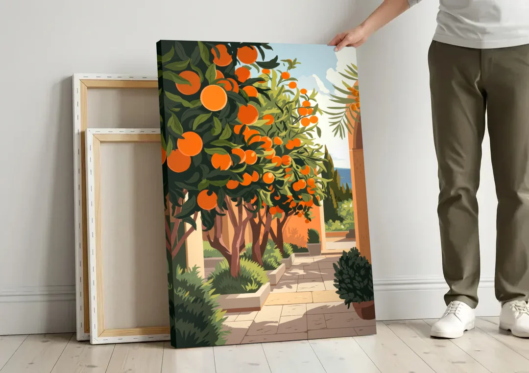 Orlando Citrus Grove Design canvas wall art leaning against a wall next to blank canvases