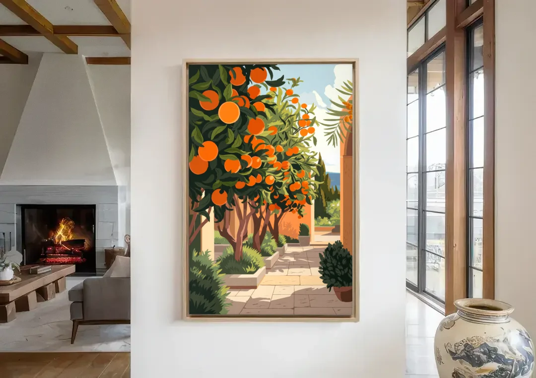 Orlando Citrus Grove Design canvas wall art in a living room with a fireplace