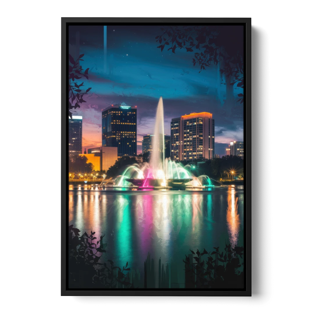 Orlando Downtown Night Lights - Black Framed Canvas Wall Art - Front