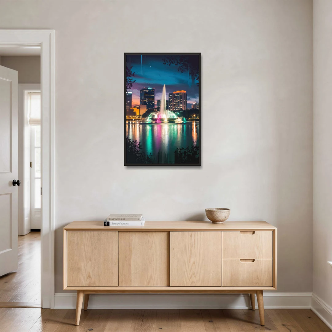 Orlando Downtown Night Lights - Black Framed Canvas Wall Art - Coffee Table - 24x36