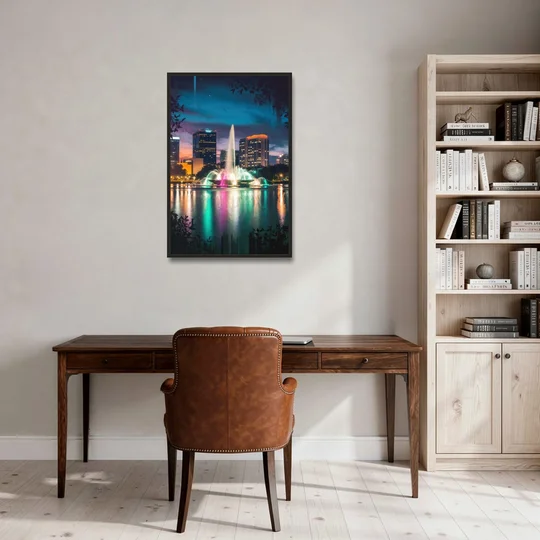 Orlando Downtown Night Lights - Black Framed Canvas Wall Art - Office - 24x36