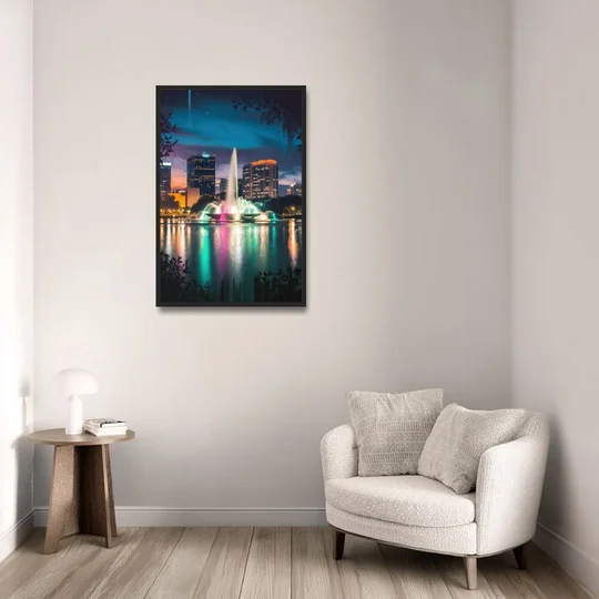 Orlando Downtown Night Lights - Black Framed Canvas Wall Art - Sofa - 24x36