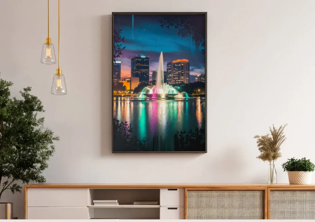 Orlando Downtown Night Lights canvas wall art above a wooden sideboard under pendant lights