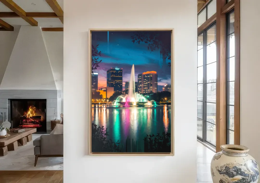 Orlando Downtown Night Lights canvas wall art in a living room with a fireplace