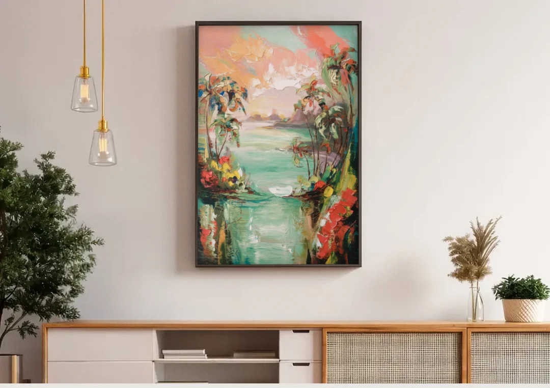Orlando Tropical Landscape canvas wall art above a wooden sideboard under pendant lights