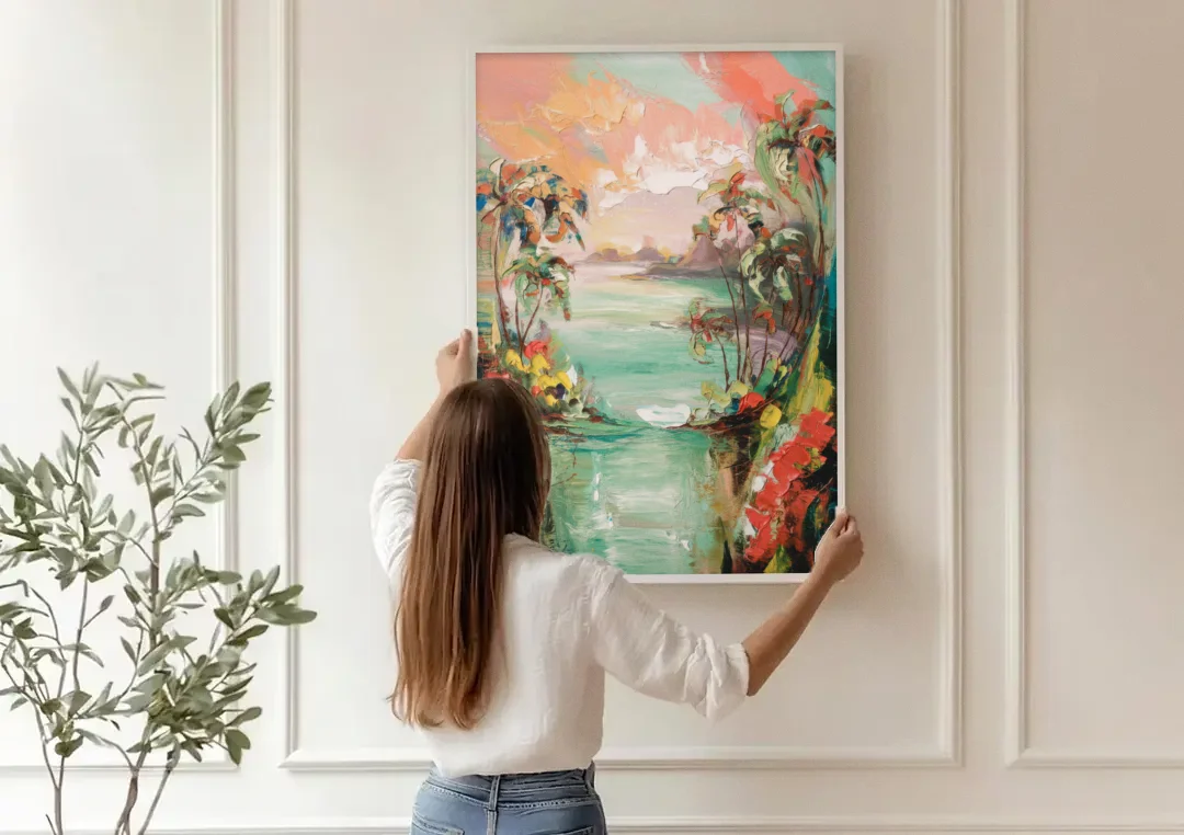 Orlando Tropical Landscape canvas wall art being hung on a paneled wall