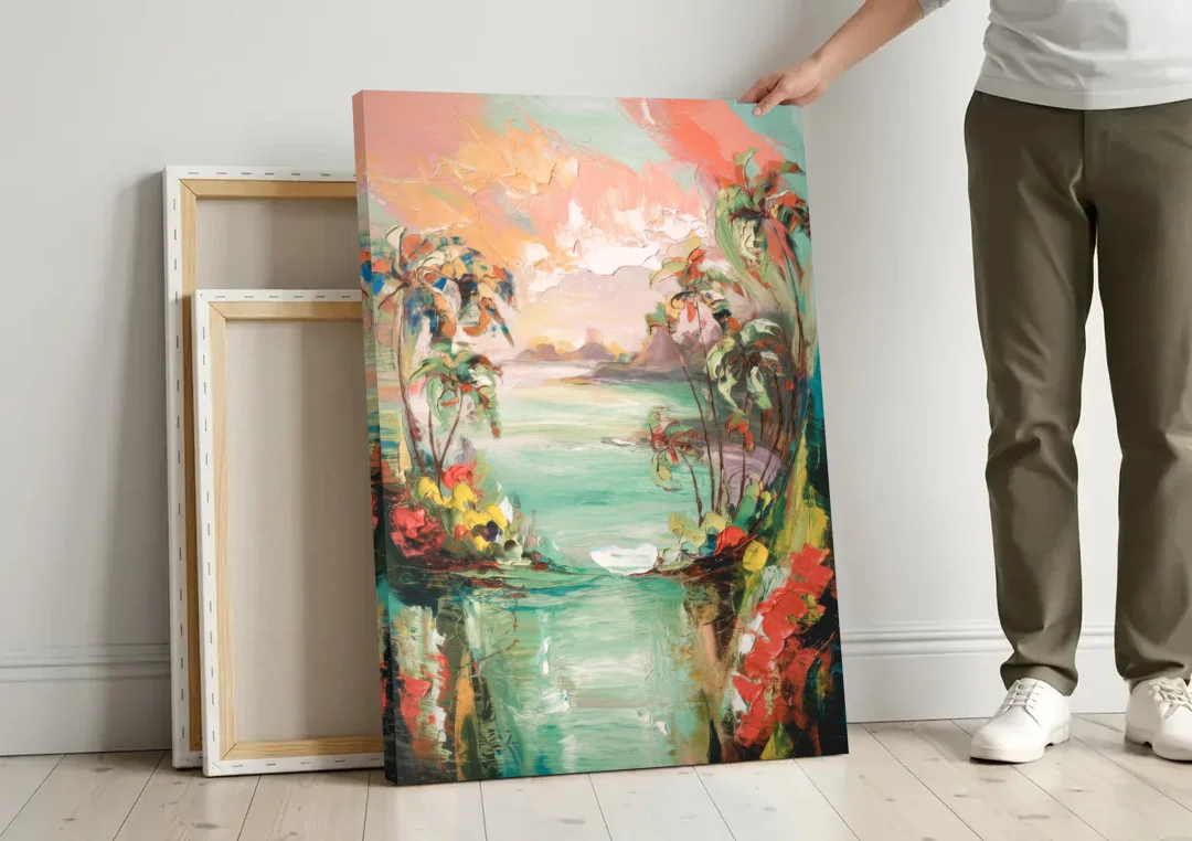Orlando Tropical Landscape canvas wall art leaning against a wall next to blank canvases