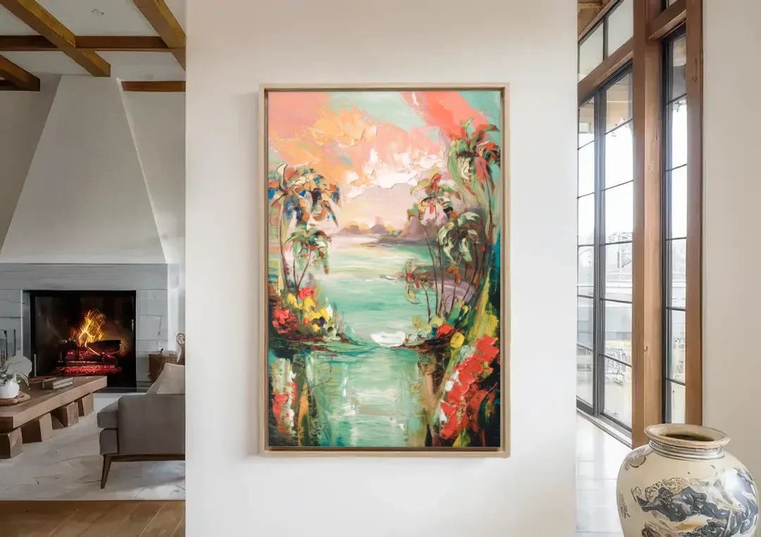 Orlando Tropical Landscape canvas wall art in a living room with a fireplace