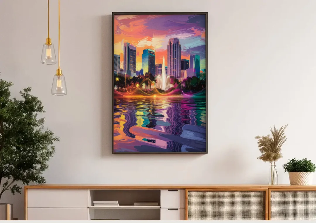 Orlando Vibrant Street Art canvas wall art above a wooden sideboard under pendant lights
