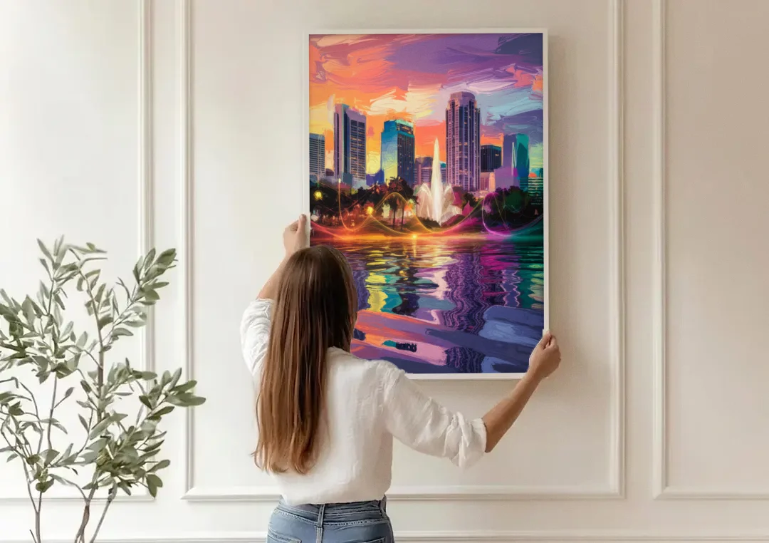 Orlando Vibrant Street Art canvas wall art being hung on a paneled wall