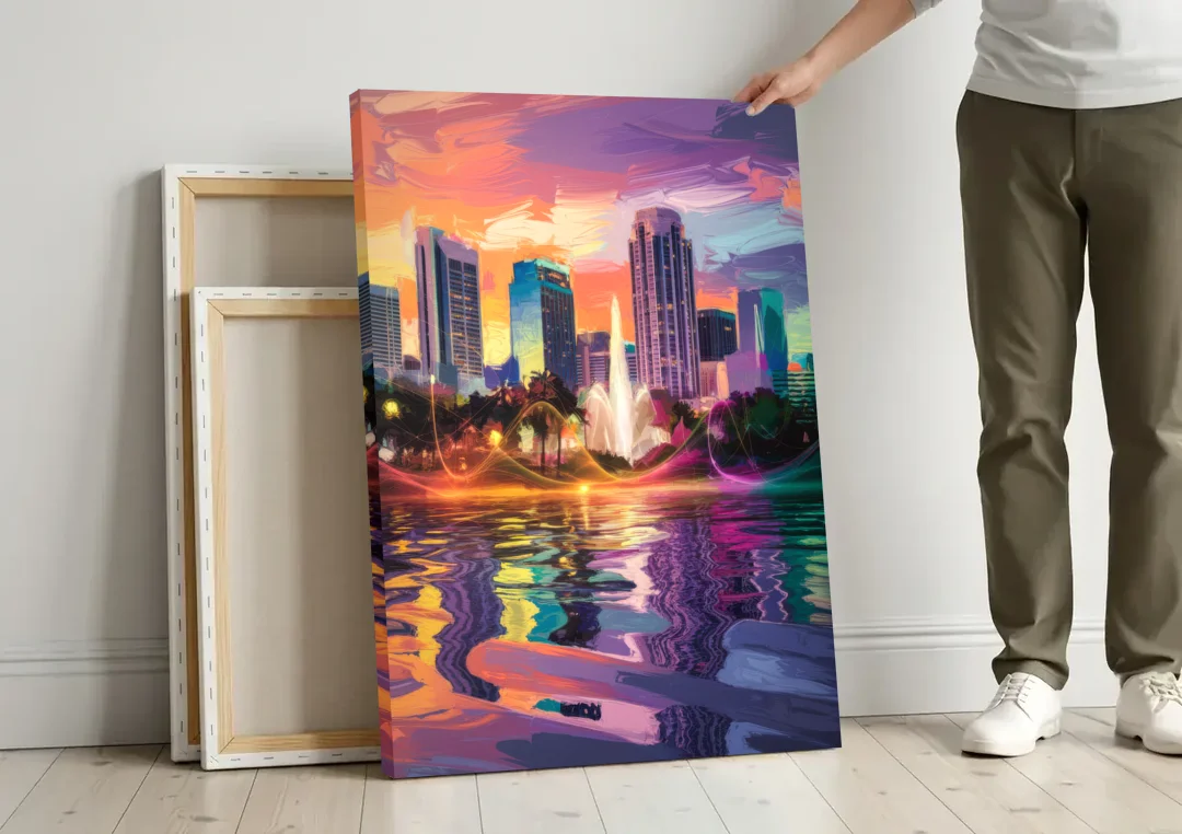 Orlando Vibrant Street Art canvas wall art leaning against a wall next to blank canvases