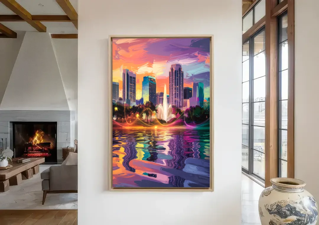 Orlando Vibrant Street Art canvas wall art in a living room with a fireplace