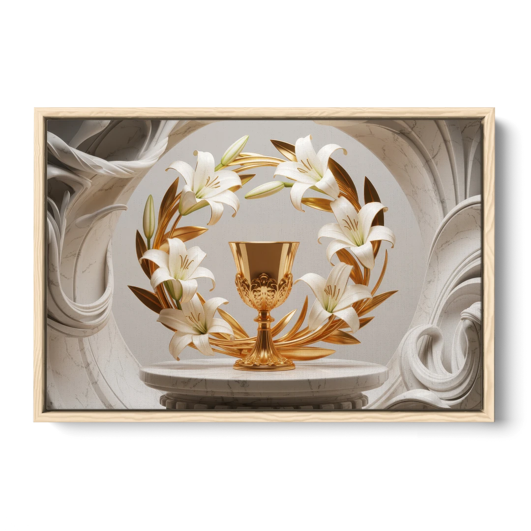 Ornate Chalice in White and Gold - Oak Framed Canvas Wall Art - Front