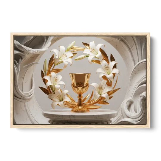 Ornate Chalice in White and Gold - Oak Framed Canvas Wall Art - Front