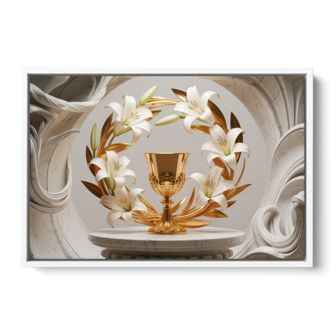 Ornate Chalice in White and Gold - White Framed Canvas Wall Art - Front