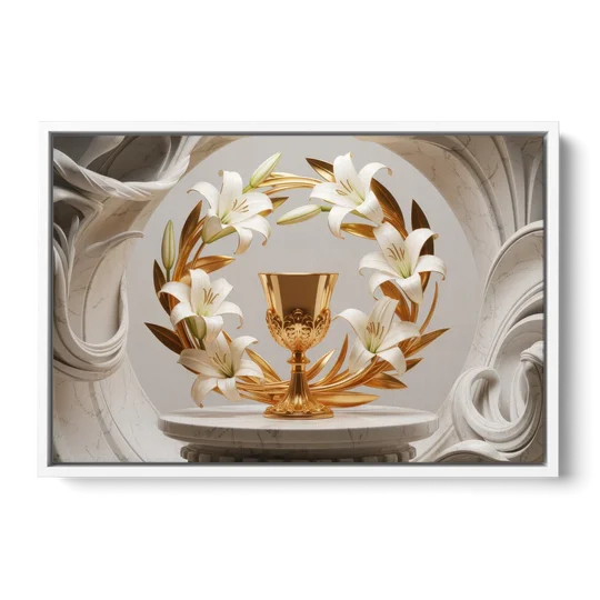 Ornate Chalice in White and Gold - White Framed Canvas Wall Art - Front