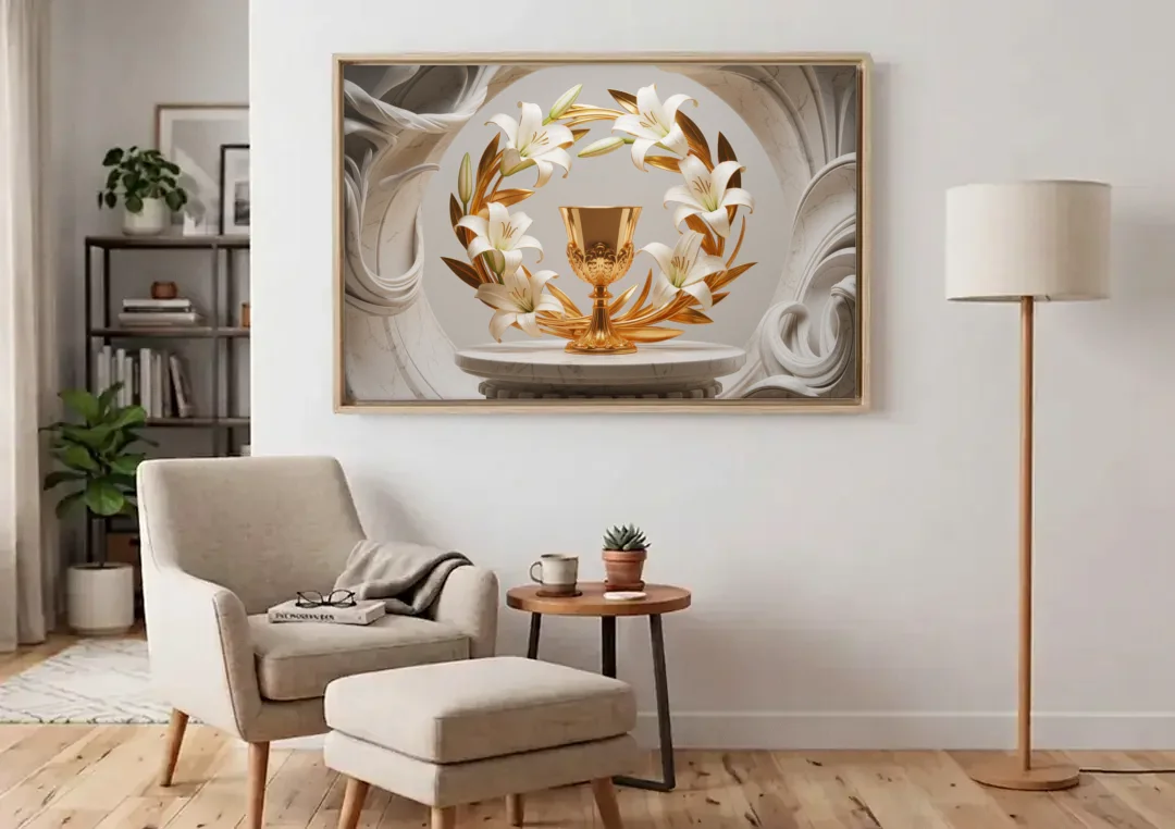 Ornate Chalice in White and Gold canvas wall art above an armchair in a bright living room