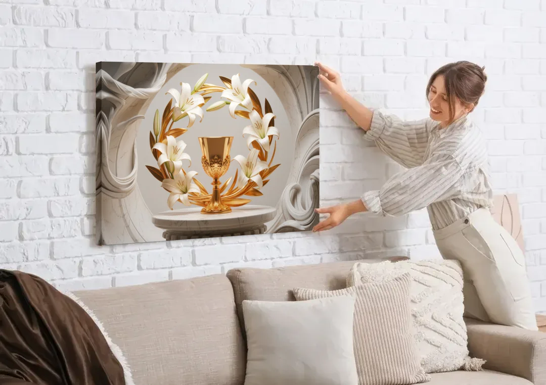 Ornate Chalice in White and Gold canvas wall art being hung on a white brick wall above a sofa