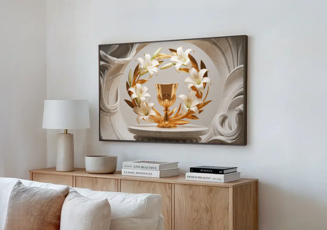 Ornate Chalice in White and Gold canvas wall art above a wooden sideboard next to a sofa