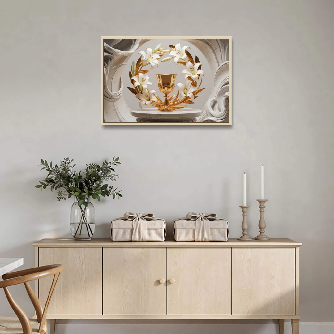 Ornate Chalice in White and Gold - Oak Framed Canvas Wall Art - Coffee Table - 36x24