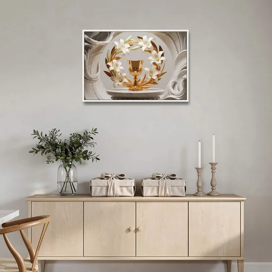 Ornate Chalice in White and Gold - White Framed Canvas Wall Art - Coffee Table - 36x24