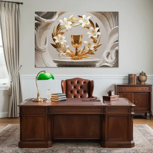 Ornate Chalice in White and Gold - Canvas Wall Art - Office - 60x40