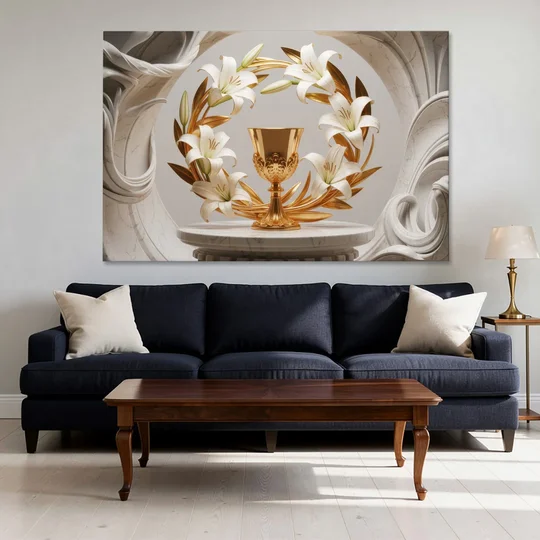Ornate Chalice in White and Gold - Canvas Wall Art - Sofa - 60x40