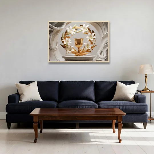 Ornate Chalice in White and Gold - Oak Framed Canvas Wall Art - Sofa - 36x24