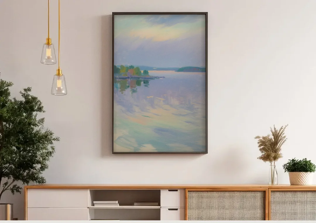Oslo Fjord Serenity canvas wall art above a wooden sideboard under pendant lights