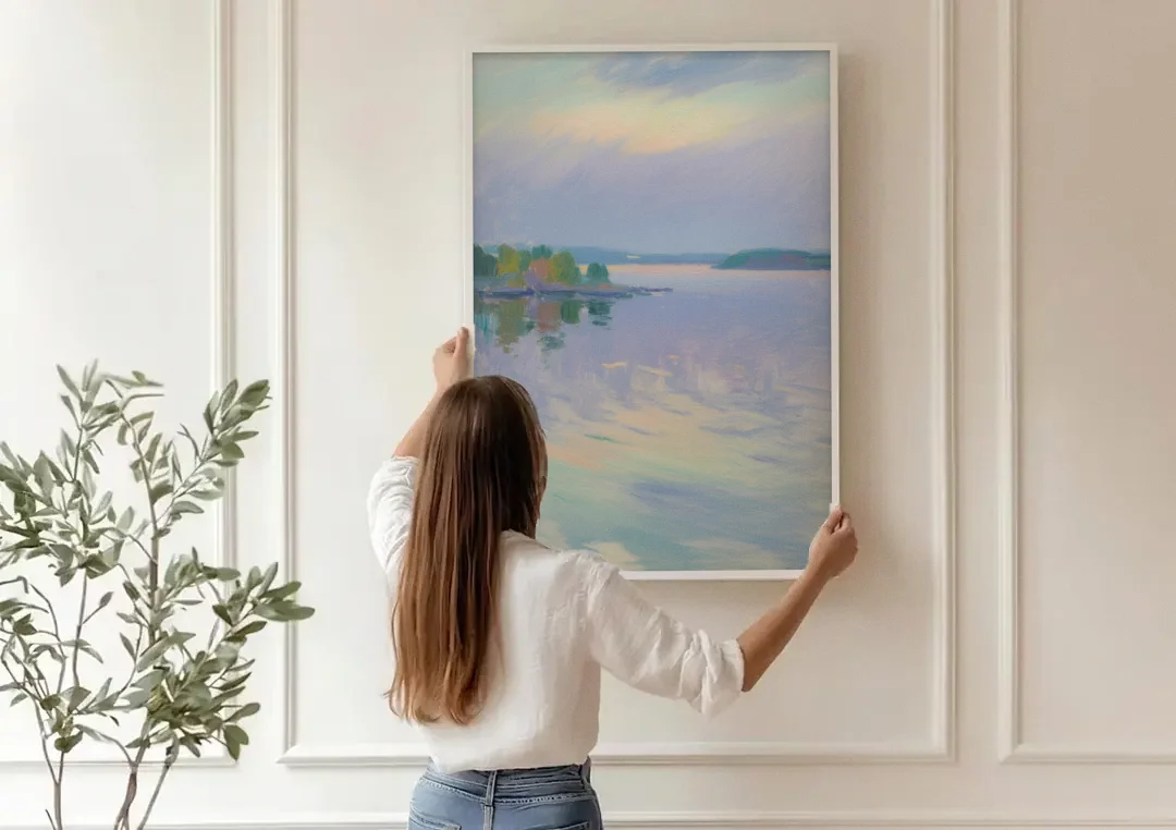 Oslo Fjord Serenity canvas wall art being hung on a paneled wall