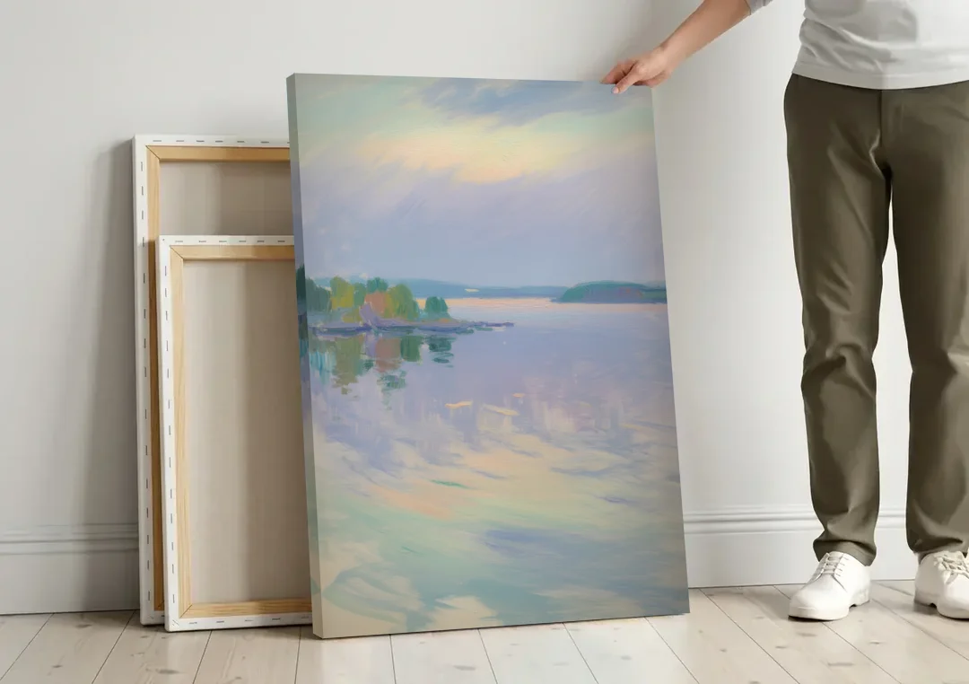 Oslo Fjord Serenity canvas wall art leaning against a wall next to blank canvases