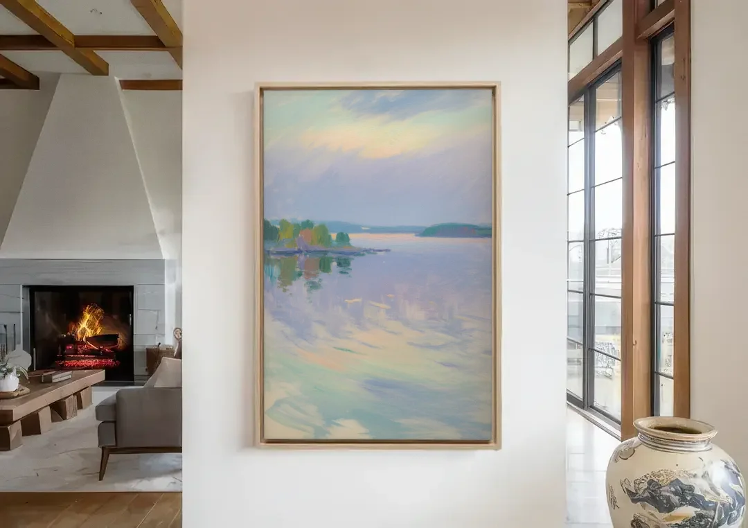 Oslo Fjord Serenity canvas wall art in a living room with a fireplace