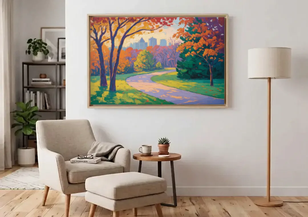 Ottawa Autumn Foliage canvas wall art above an armchair in a bright living room
