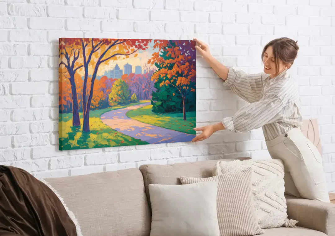 Ottawa Autumn Foliage canvas wall art being hung on a white brick wall above a sofa