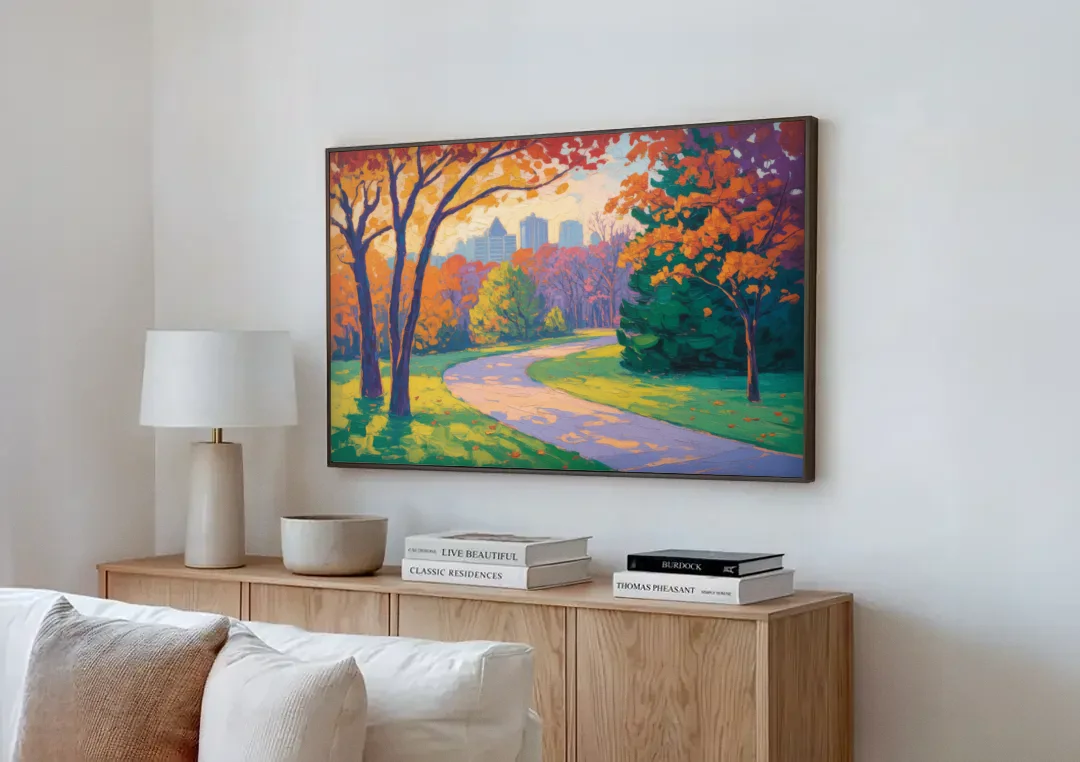 Ottawa Autumn Foliage canvas wall art above a wooden sideboard next to a sofa