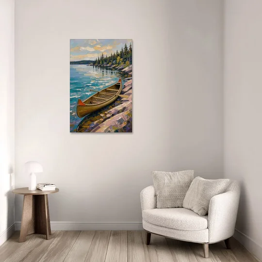 Outdoorsy Wall Art of a Lakeside Canoe - Canvas Wall Art - Sofa - 24x36