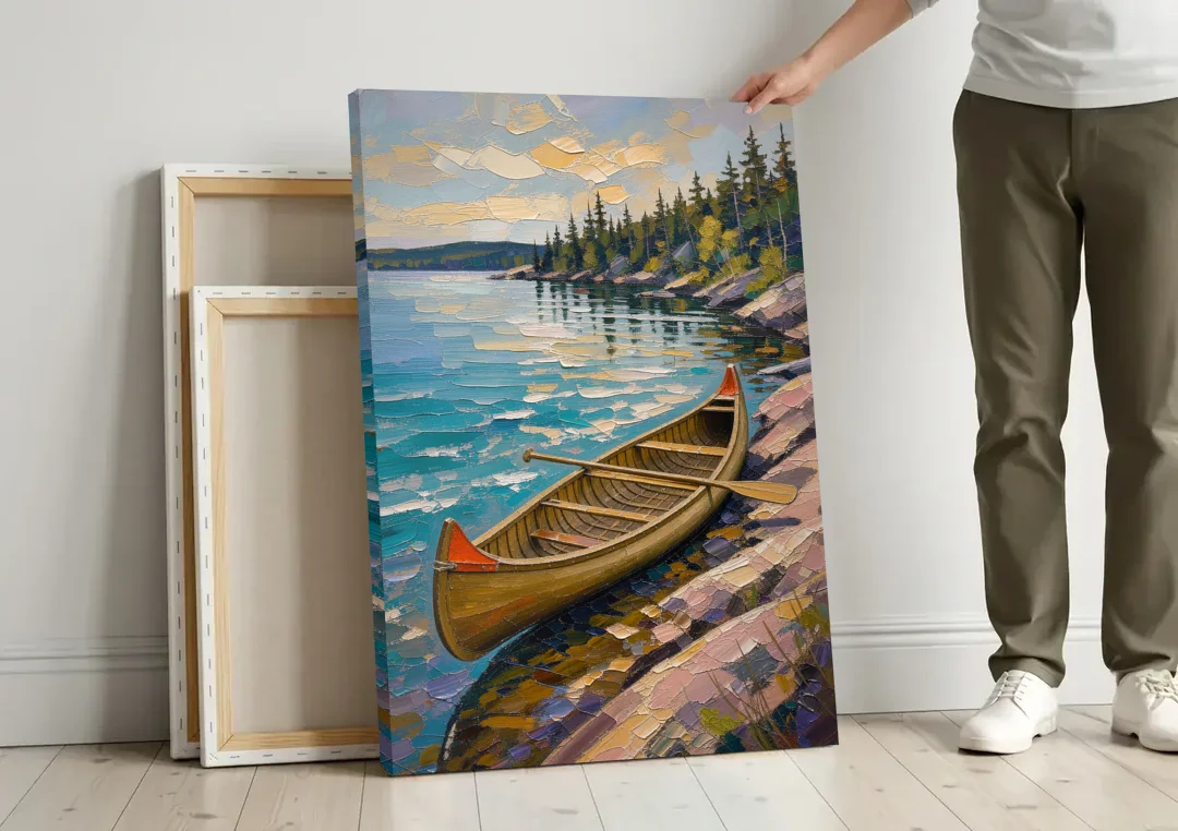 Outdoorsy Wall Art of a Lakeside Canoe canvas wall art leaning against a wall next to blank canvases