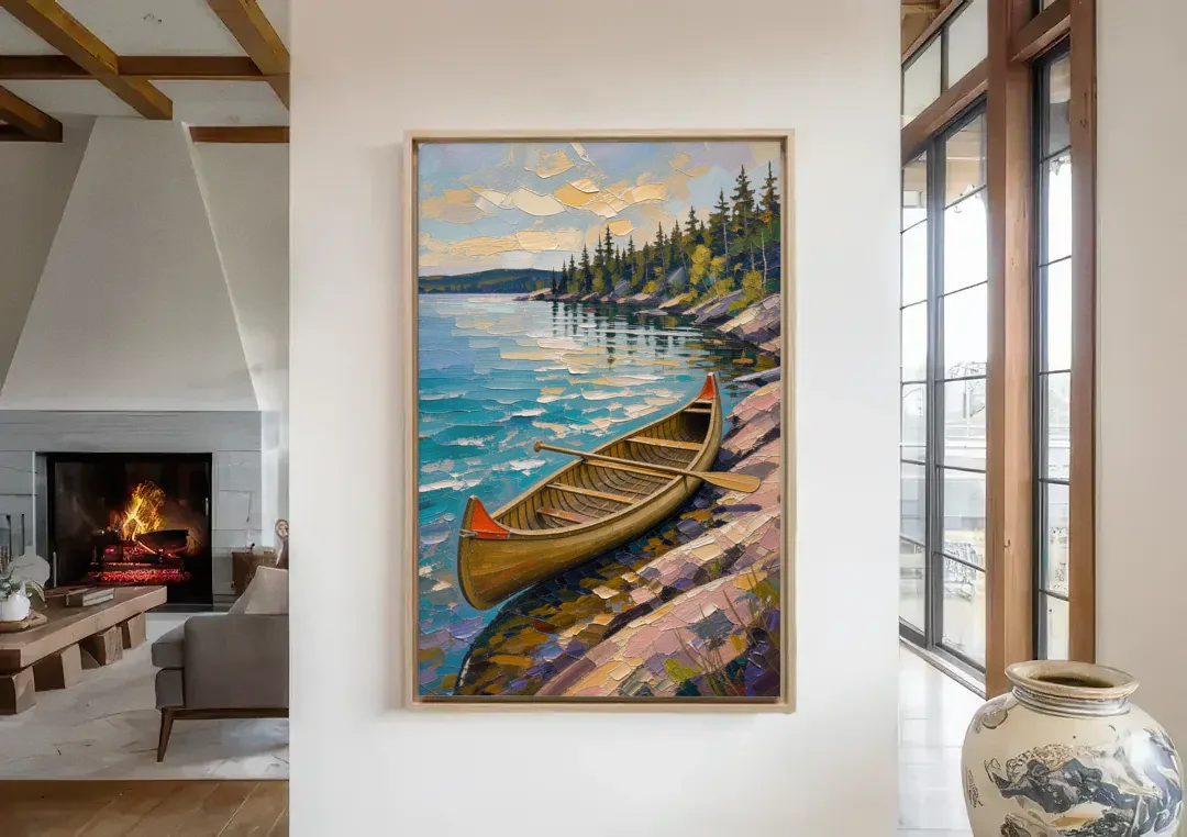 Outdoorsy Wall Art of a Lakeside Canoe canvas wall art in a living room with a fireplace