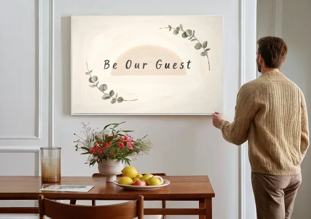 Over the Bed Wall Art Be Our Guest Eucalyptus canvas wall art above a dining table