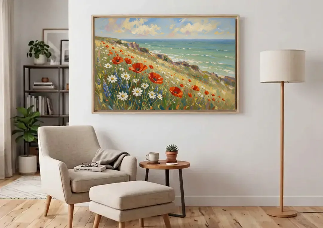 Over the Couch Wall Art with Seaside Poppies canvas wall art above an armchair in a bright living room
