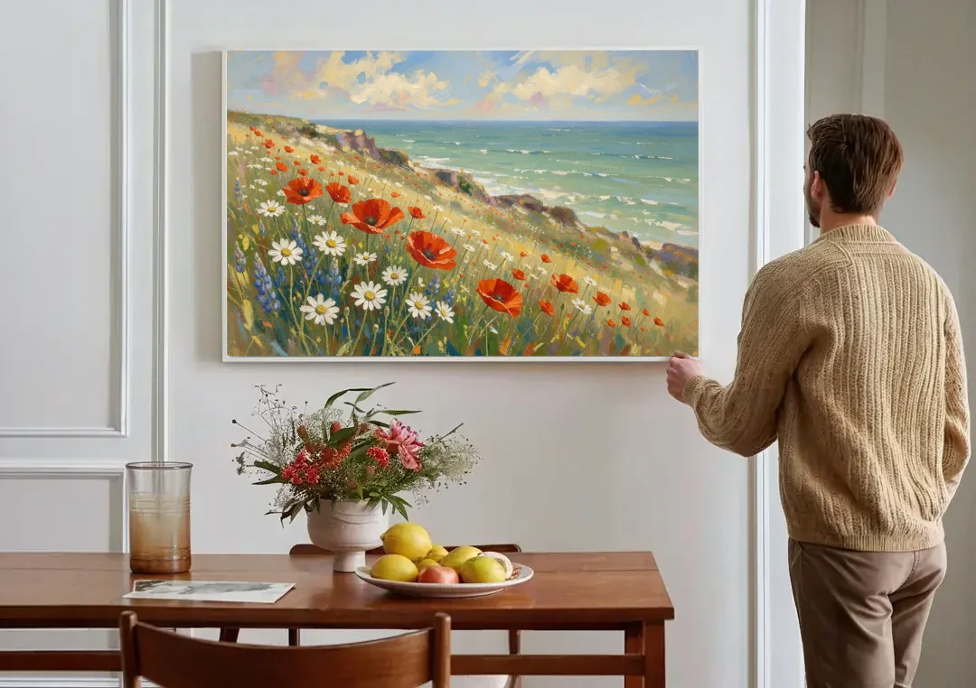 Over the Couch Wall Art with Seaside Poppies canvas wall art above a dining table