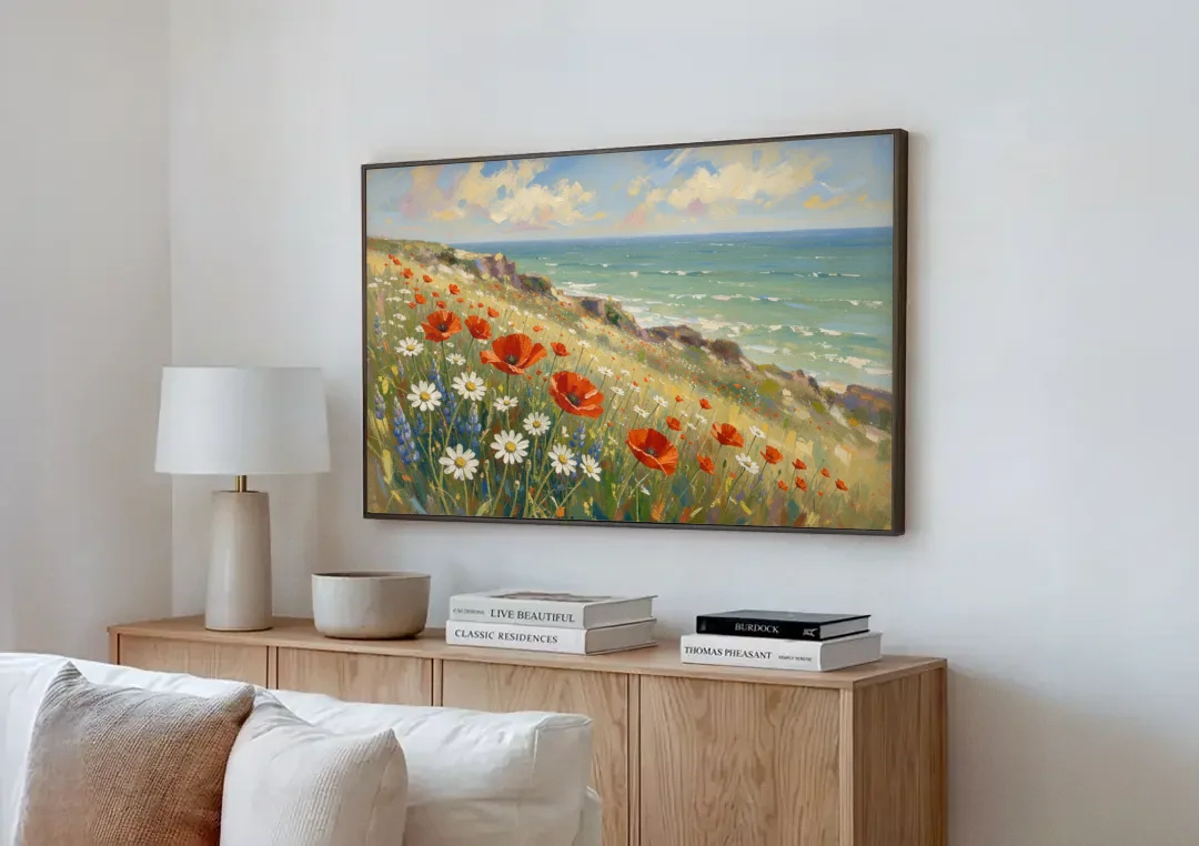 Over the Couch Wall Art with Seaside Poppies canvas wall art above a wooden sideboard next to a sofa